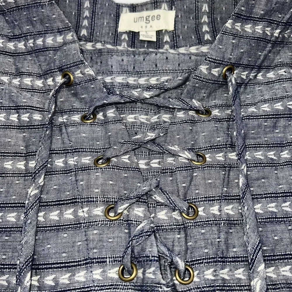 Umgee Blue White Striped Lace-Up Short Sleeve Mini Dress Women's Size Large